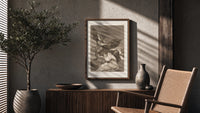 Winged demon carrying frightened figure poster framed above a fluted sideboard beside an olive tree