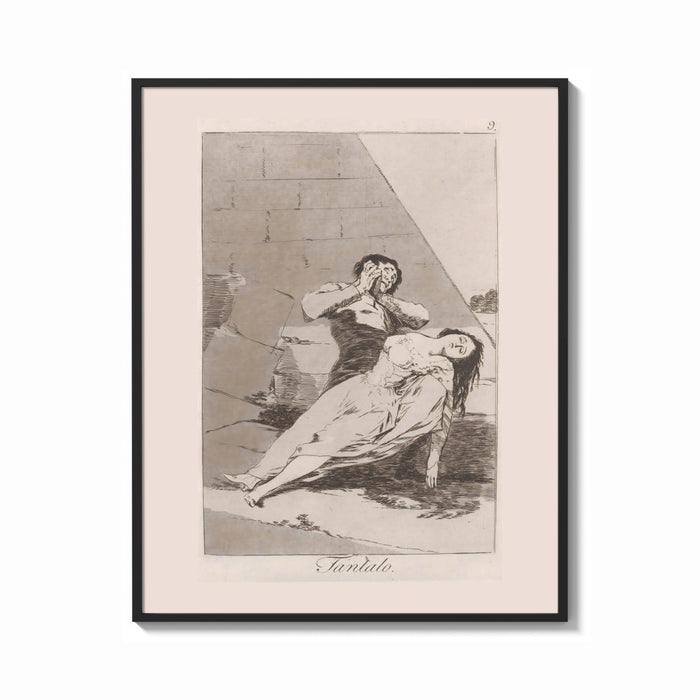 Framed Man grieving over collapsed woman print shown as a bold statement piece on a clean gallery wall