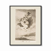 Framed Witches flying with monkey demon print shown as a bold statement piece on a clean gallery wall