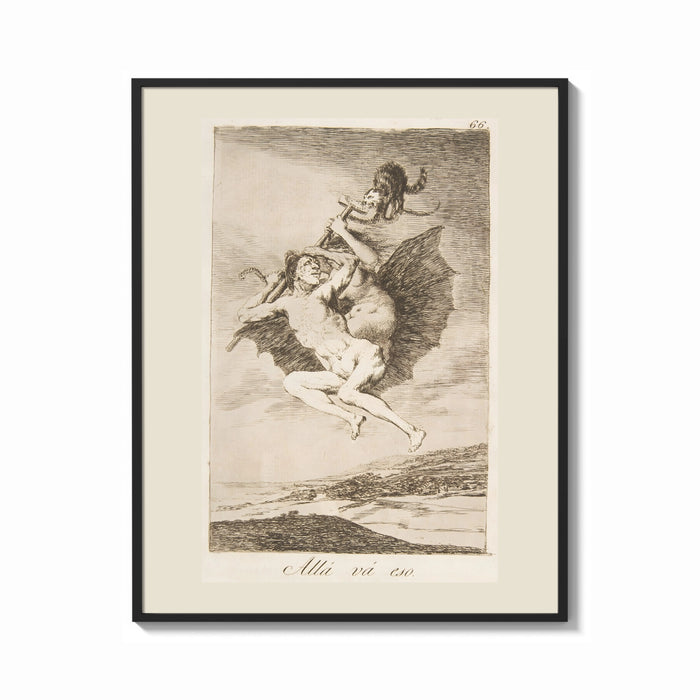 Framed Witches flying with monkey demon print shown as a bold statement piece on a clean gallery wall