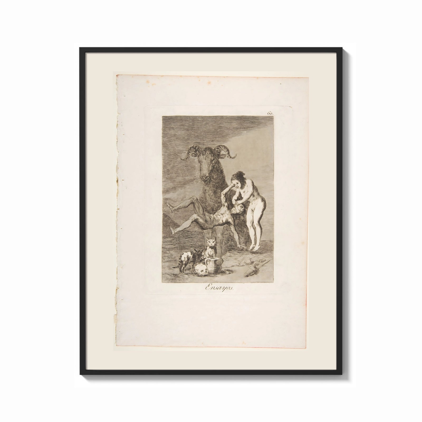 Framed witch scene with goat demon print shown as a bold statement piece on a clean gallery wall