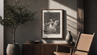 Old woman at vanity mirror poster framed above a fluted sideboard beside an olive tree