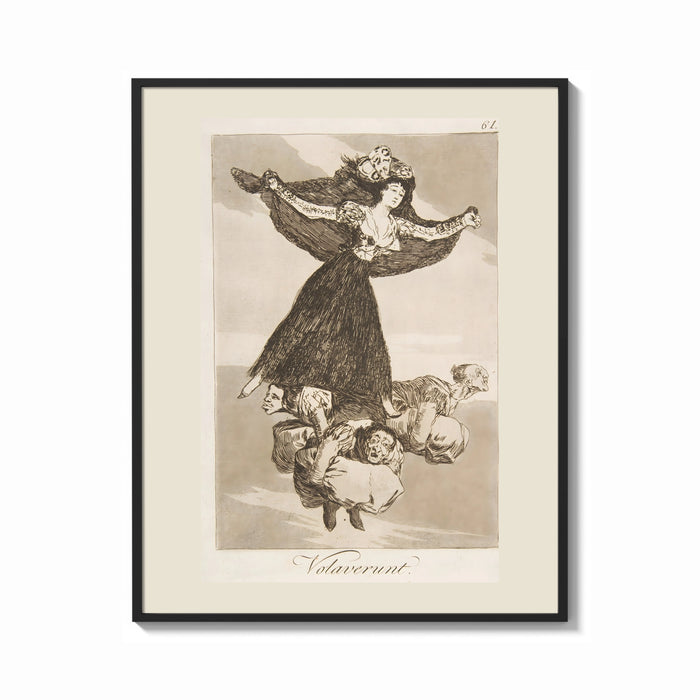 Framed Flying woman above three men print shown as a bold statement piece on a clean gallery wall