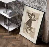 Flying woman above three men poster in a black frame leaning beside a shelf in a raw-plaster loft