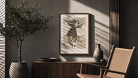 Flying woman above three men poster framed above a fluted sideboard beside an olive tree