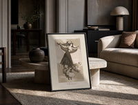 Flying woman above three men print in a black frame leaning on a travertine table in a sunlit lounge