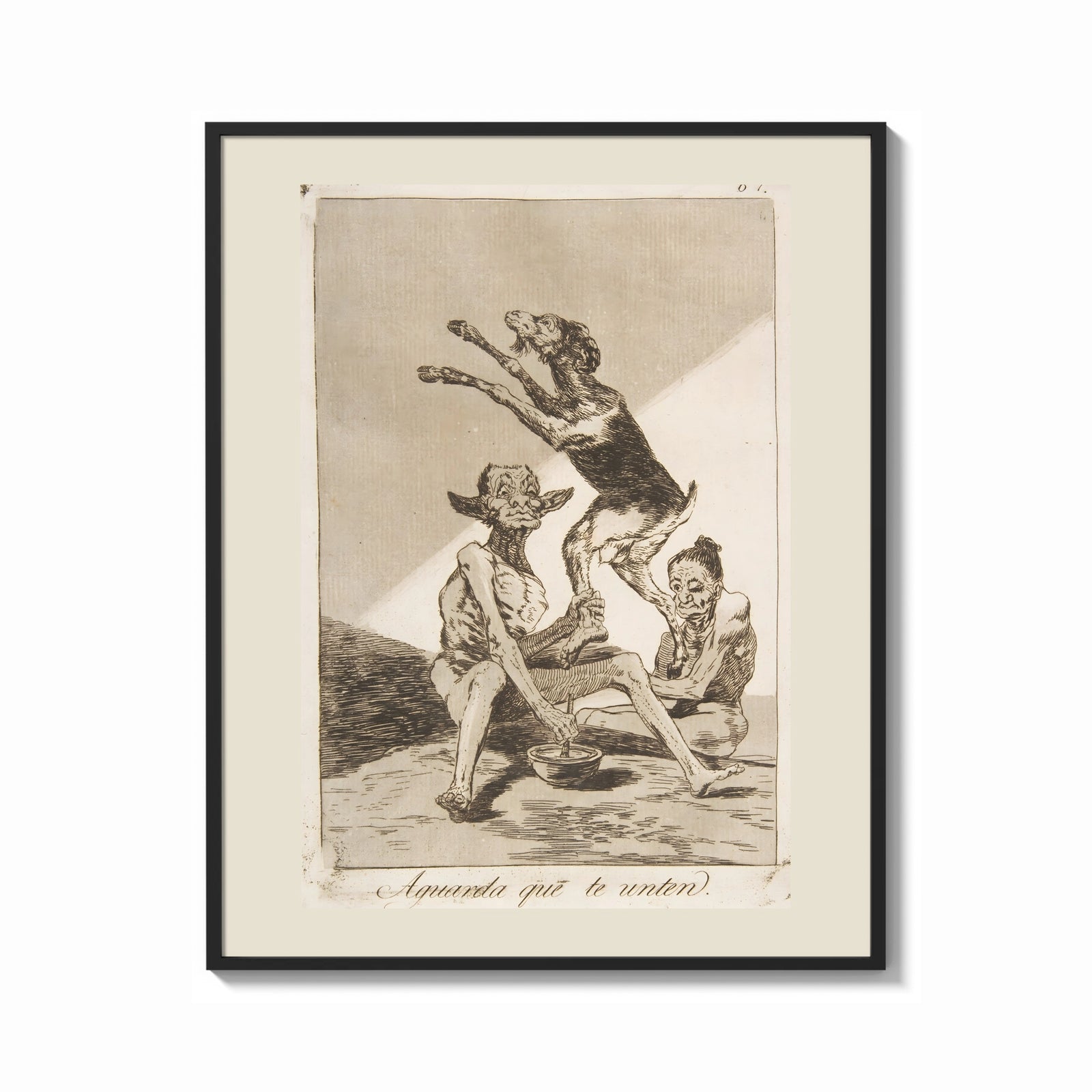 Framed Grotesque demons and goat figure print shown as a bold statement piece on a clean gallery wall