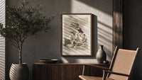 Grotesque demons and goat figure poster framed above a fluted sideboard beside an olive tree