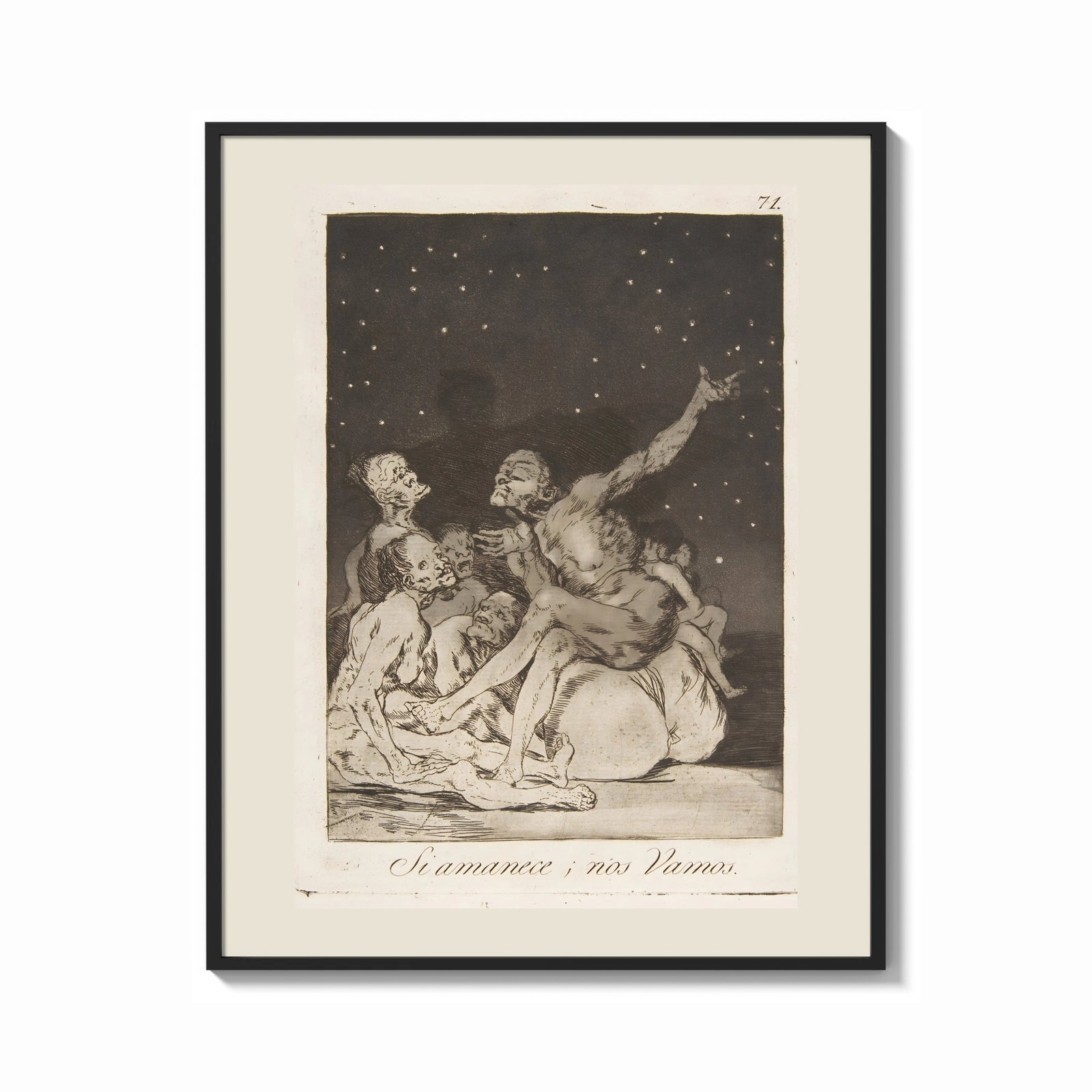 Framed Grotesque nude figures under night sky print shown as a bold statement piece on a clean gallery wall