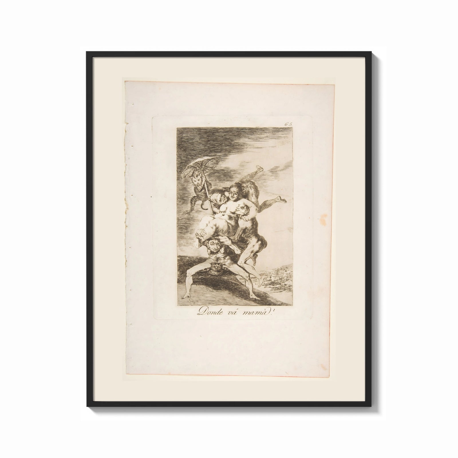Framed Grotesque figures carrying woman aloft print shown as a bold statement piece on a clean gallery wall
