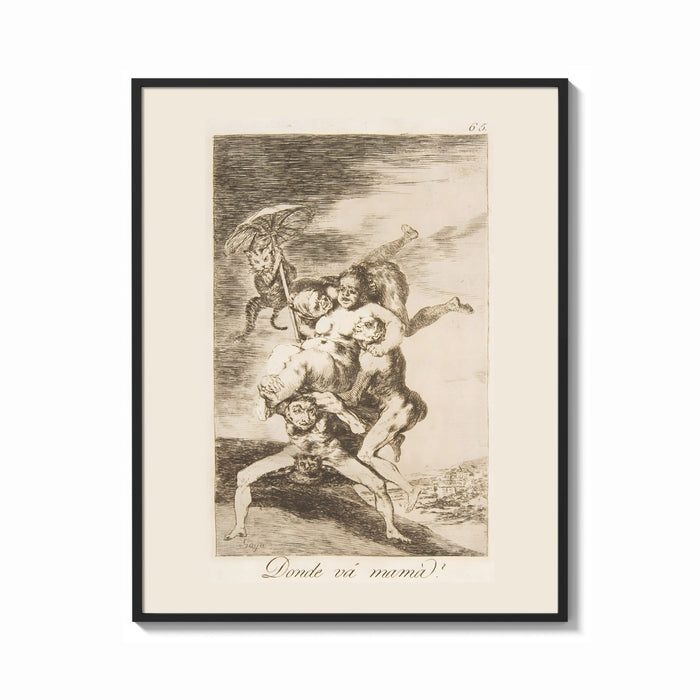 Framed Grotesque figures carrying woman aloft print shown as a bold statement piece on a clean gallery wall