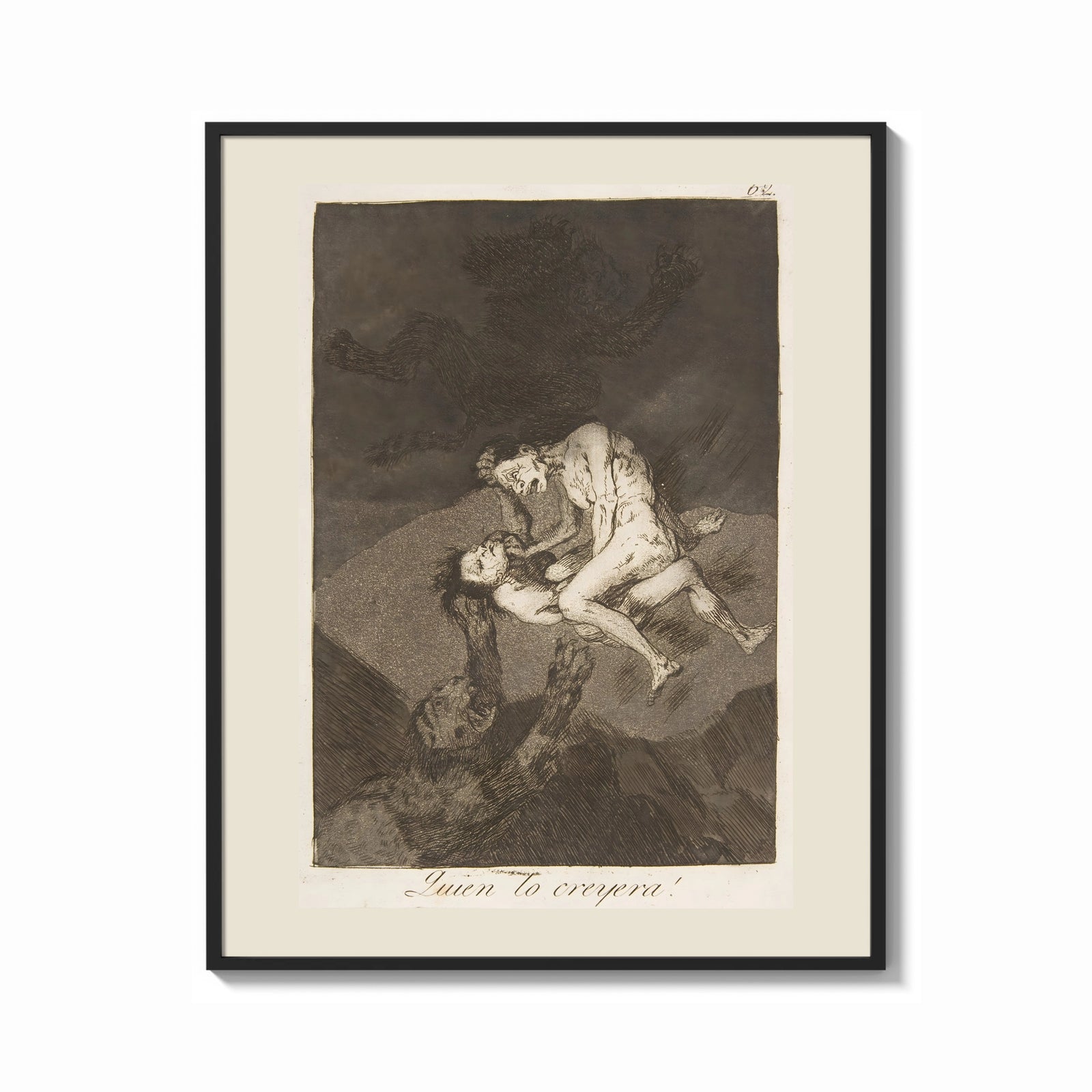 Framed struggling figures with flying witches print shown as a bold statement piece on a clean gallery wall