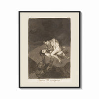 Framed struggling figures with flying witches print shown as a bold statement piece on a clean gallery wall