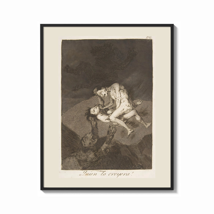 Framed struggling figures with flying witches print shown as a bold statement piece on a clean gallery wall