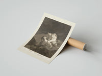 Rolled struggling figures with flying witches poster beside its crush-resistant kraft shipping tube