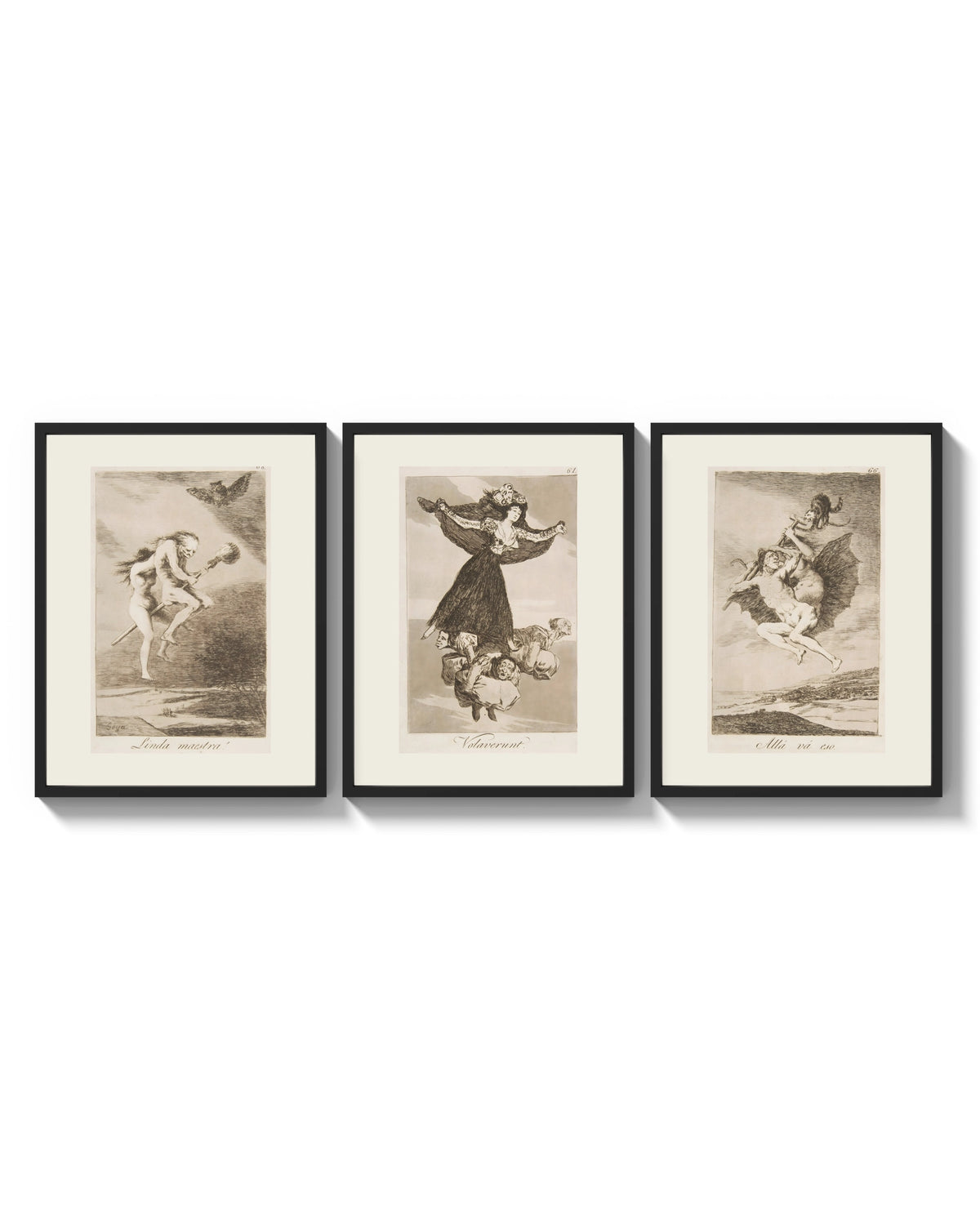 Goya witches flying etchings triptych arranged on a bright gallery wall