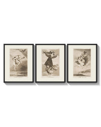 Goya witches flying etchings triptych arranged on a bright gallery wall