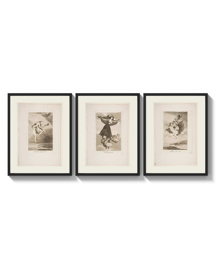 Goya witches flying etchings triptych three-panel set arranged as a triptych on a bright gallery wall