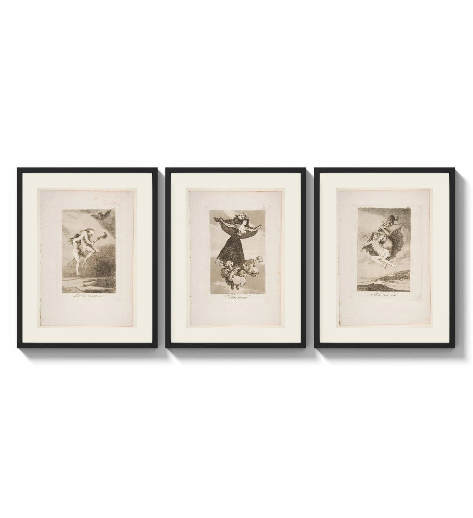 Goya witches flying etchings triptych three-panel set arranged as a triptych on a bright gallery wall