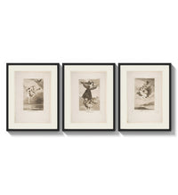 Goya witches flying etchings triptych three-panel set arranged as a triptych on a bright gallery wall