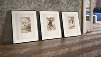 Goya witches flying etchings triptych three-piece set leaning on parquet beside a vintage loft door