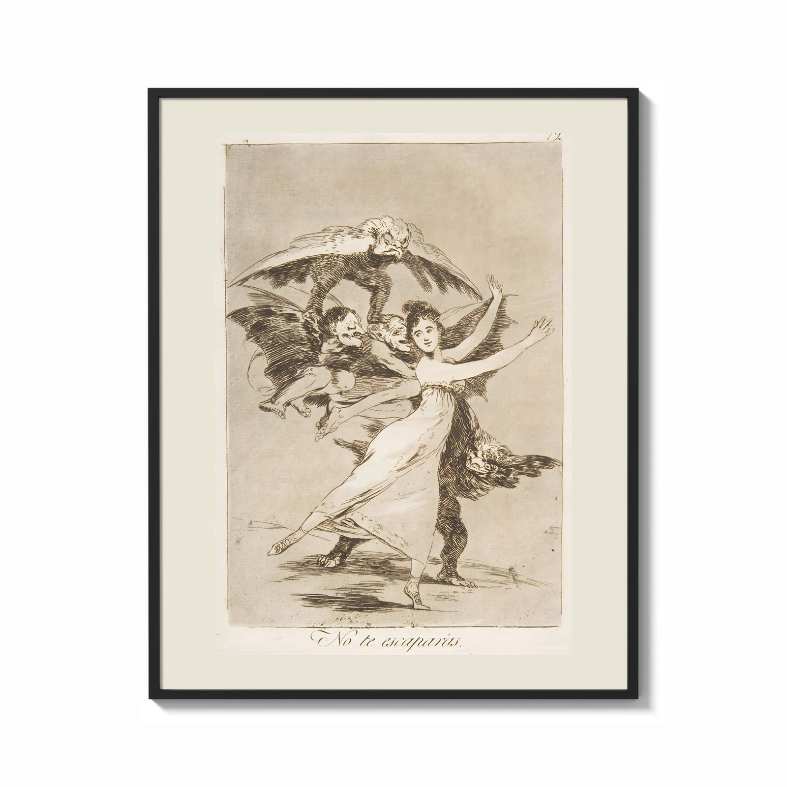 Framed Woman fleeing winged demons print shown as a bold statement piece on a clean gallery wall