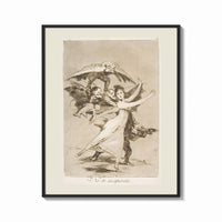 Framed Woman fleeing winged demons print shown as a bold statement piece on a clean gallery wall