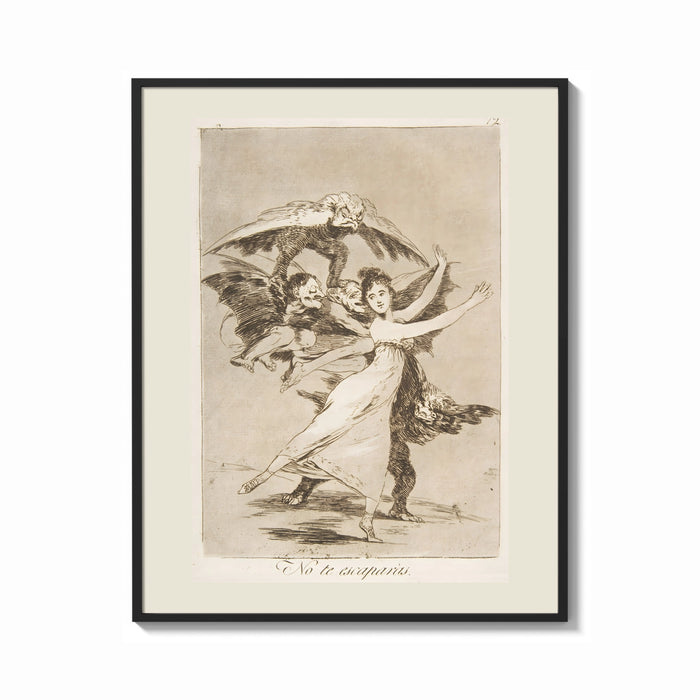 Framed Woman fleeing winged demons print shown as a bold statement piece on a clean gallery wall