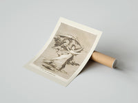Rolled Woman fleeing winged demons poster beside its crush-resistant kraft shipping tube