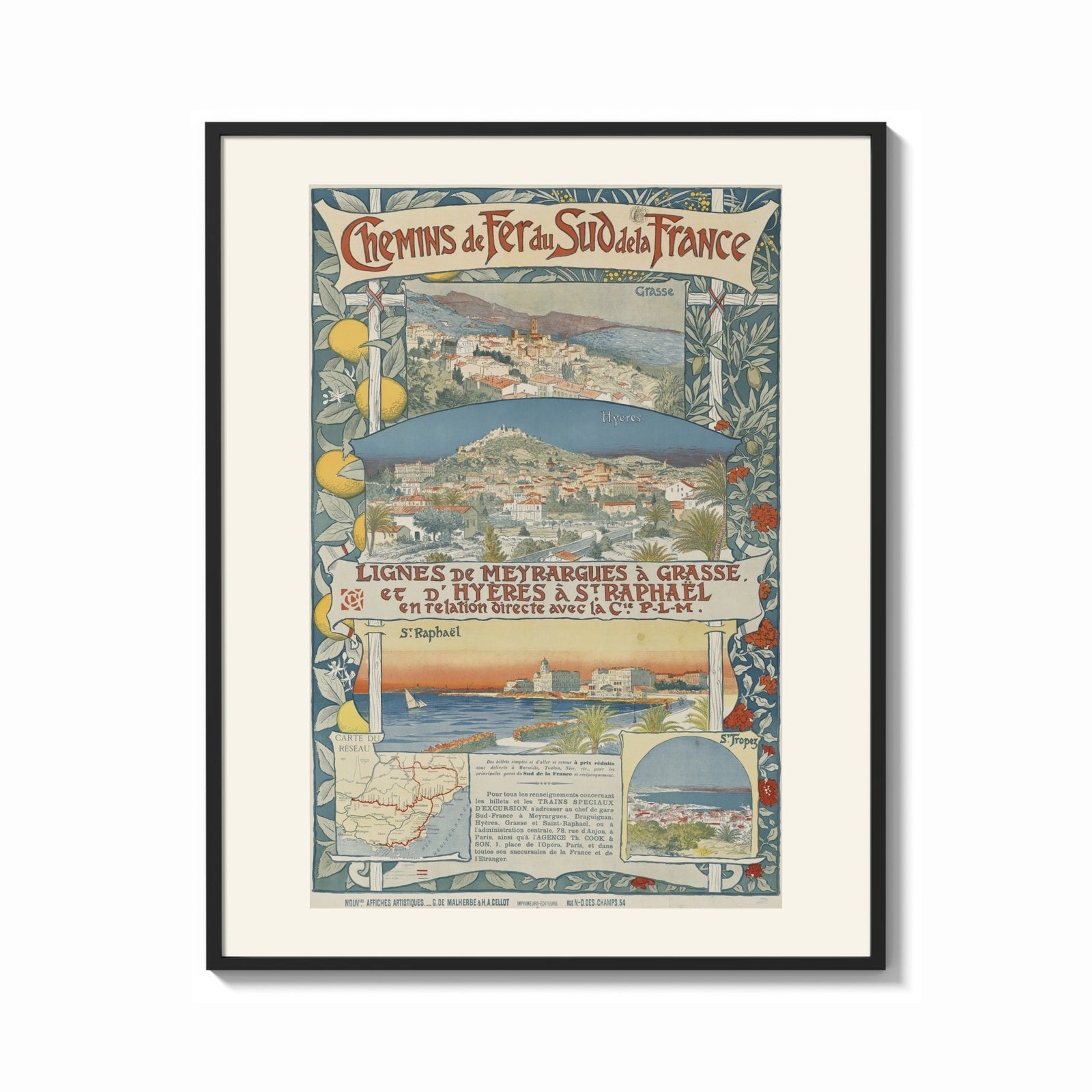 Framed French Riviera coastal town views print shown as a bold statement piece on a clean gallery wall