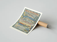 Rolled French Riviera coastal town views poster beside its crush-resistant kraft shipping tube