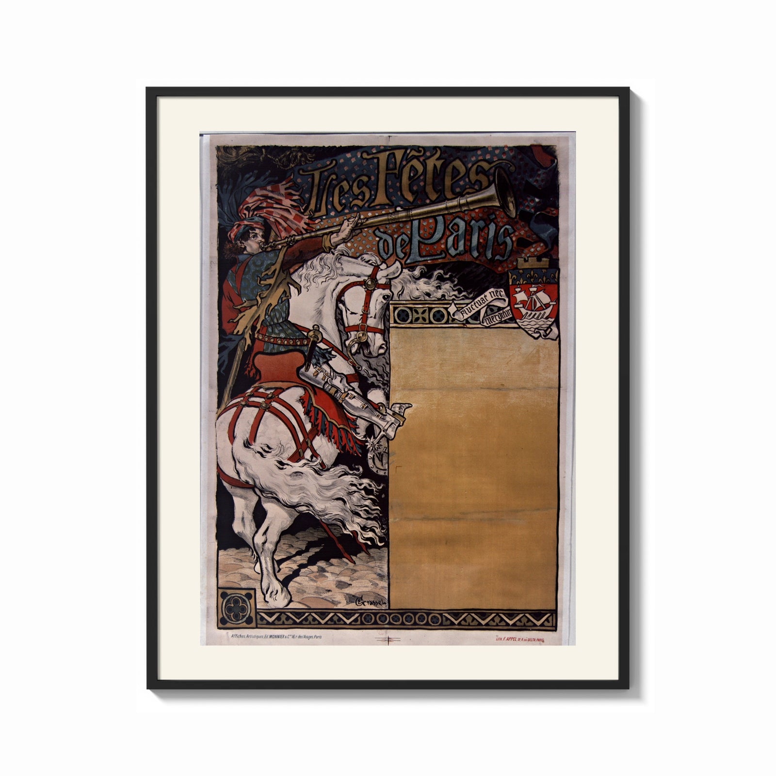 Framed Medieval herald on white horse with trumpet print shown as a bold statement piece on a clean gallery wall