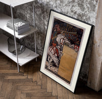 Medieval herald on white horse with trumpet poster in a black frame leaning beside a shelf in a raw-plaster loft