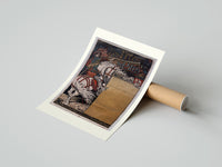 Rolled Medieval herald on white horse with trumpet poster beside its crush-resistant kraft shipping tube