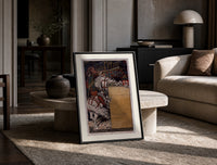 Medieval herald on white horse with trumpet print in a black frame leaning on a travertine table in a sunlit lounge