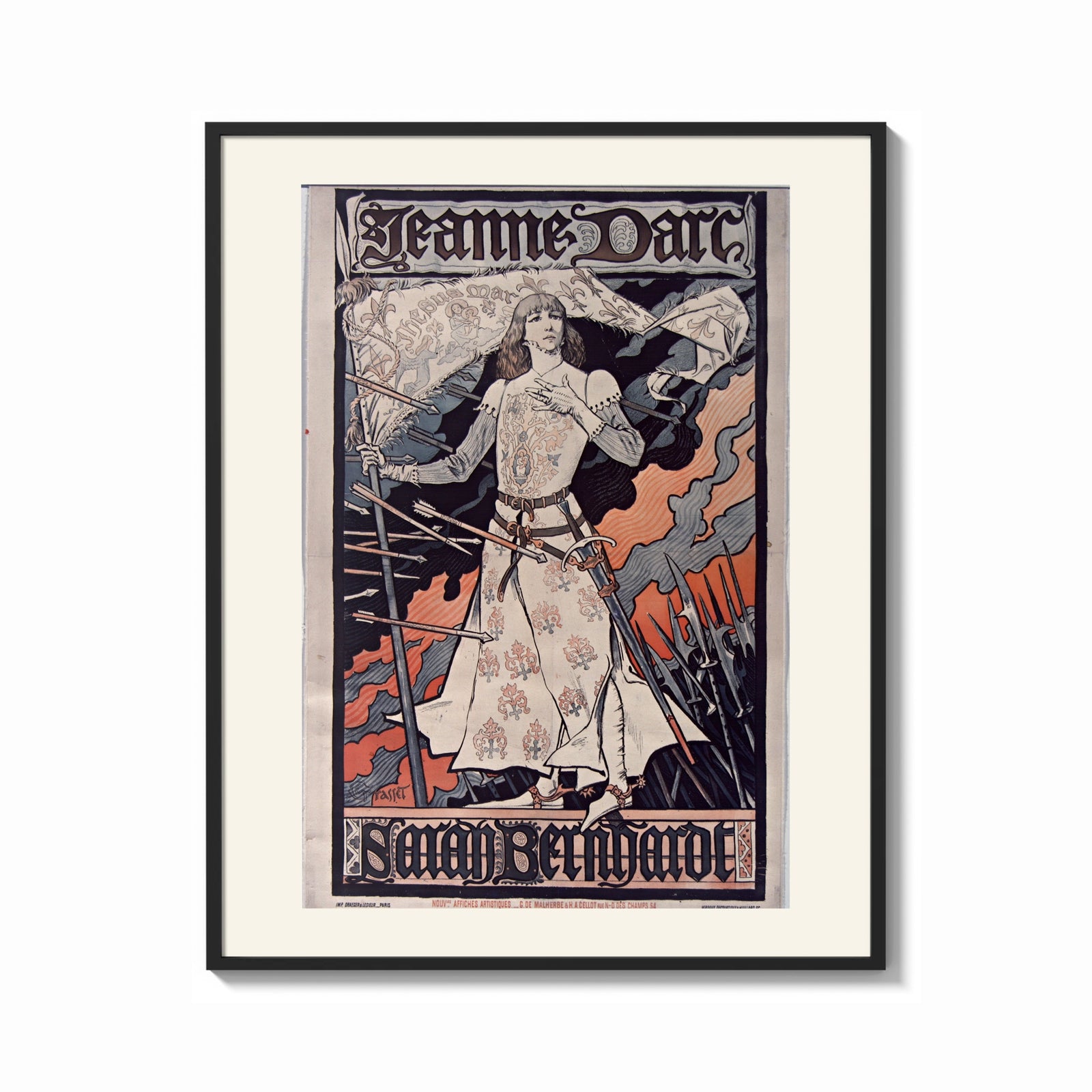 Framed Joan of Arc in armor print shown as a bold statement piece on a clean gallery wall