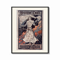 Framed Joan of Arc in armor print shown as a bold statement piece on a clean gallery wall