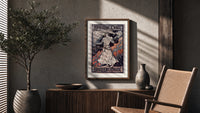 Joan of Arc in armor poster framed above a fluted sideboard beside an olive tree