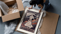 Joan of Arc in armor framed print being unpacked from protective bubble wrap and a box
