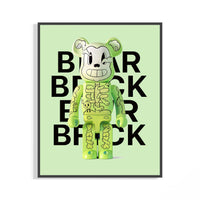 Framed Lime-green skeleton Bearbrick figure print displayed as a statement piece