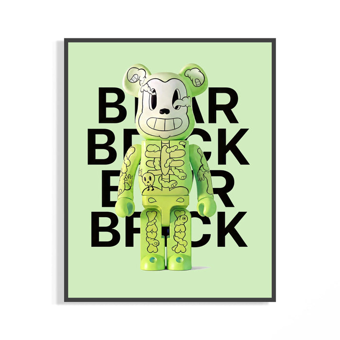 Framed Glow-in-dark skeleton Bearbrick figure print displayed as a statement piece
