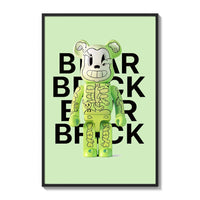 Lime-green skeleton Bearbrick figure poster framed on a white gallery wall
