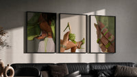 Green Blouse, Heels and Rings Set of 3 in black frames on a grey wall above a leather sofa