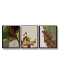 Green Blouse, Heels and Rings Set of 3 arranged on a bright gallery wall