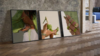 Green Blouse, Heels and Rings Set of 3 leaning on parquet beside a vintage loft door