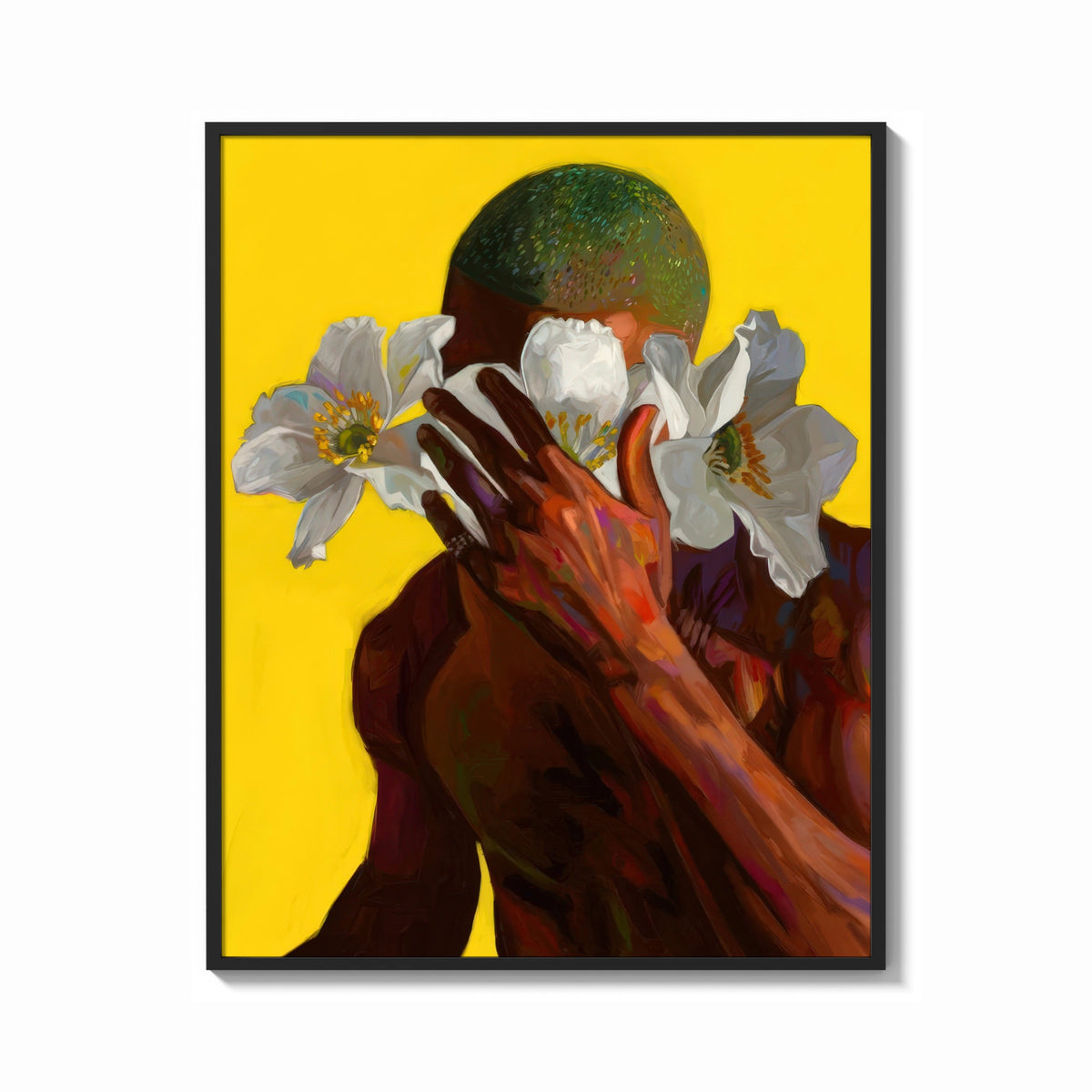 Framed Green Hair with White Flowers print shown as a bold statement piece on a clean gallery wall