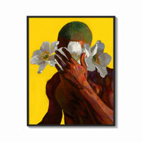 Framed Green Hair with White Flowers print shown as a bold statement piece on a clean gallery wall