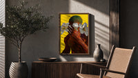 Green Hair with White Flowers poster framed above a fluted sideboard beside a potted tree