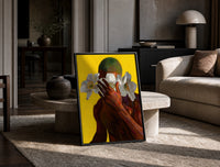 Green Hair with White Flowers print on the floor, leaning against a travertine table