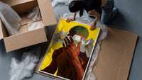 Green Hair with White Flowers framed print being unpacked from protective bubble wrap and a box
